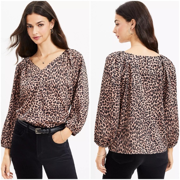 LOFT M Leopard Print Pleated Sleeve V-Neck Top Blouse • Silky Animal - Picture 9 of 13